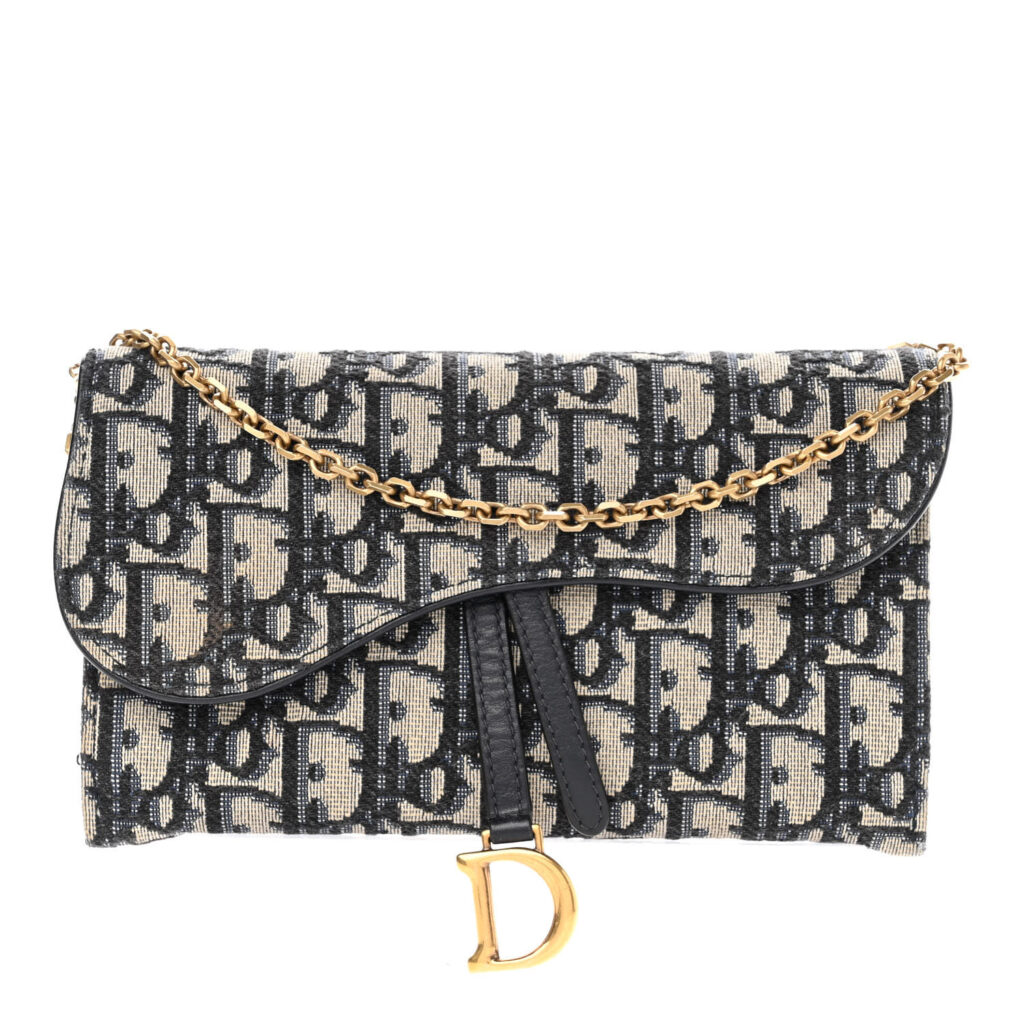 Dior Blue Oblique Jacquard Small Saddle Pouch With Chain