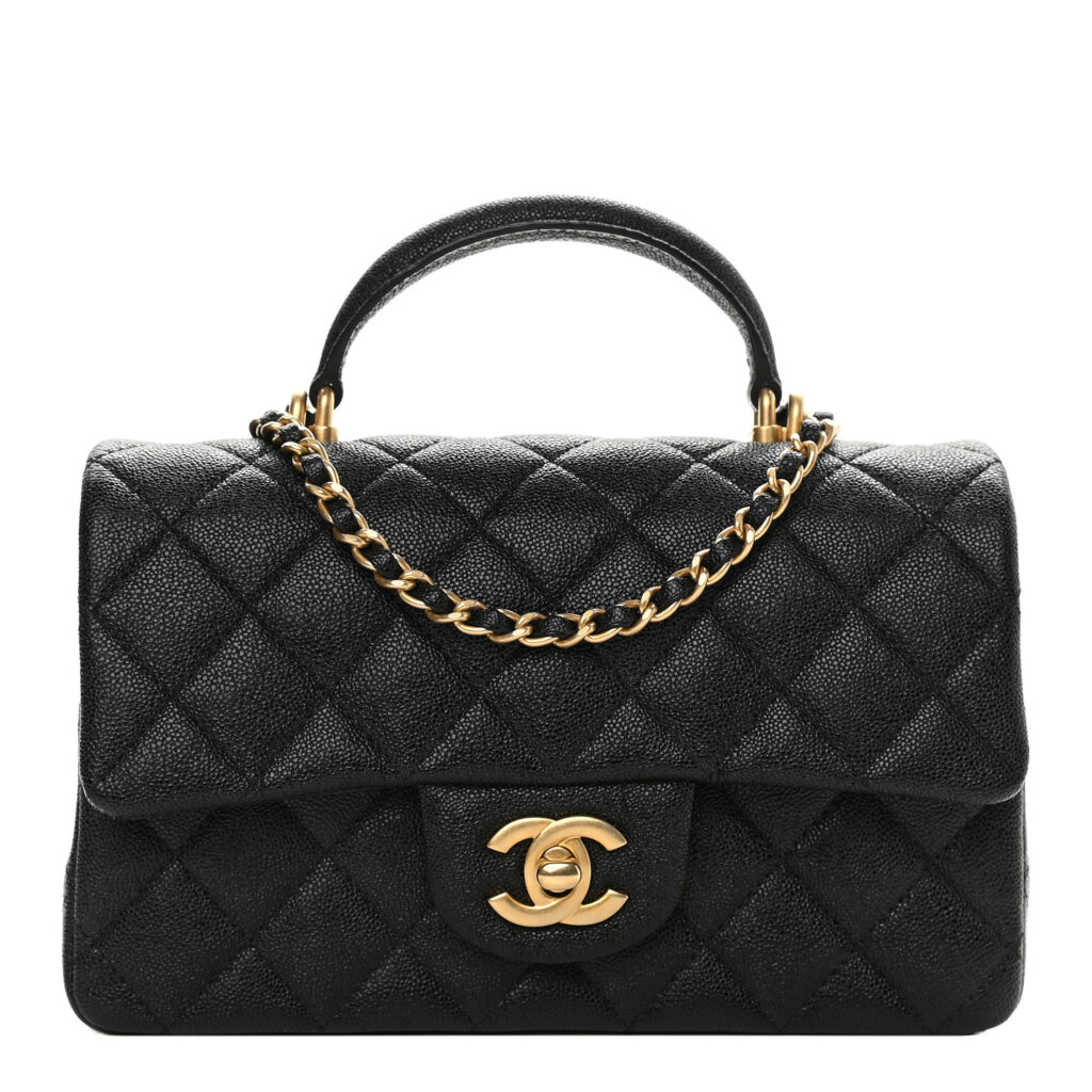 Chanel Black Quilted Caviar Mini Flap Bag With Top Handle Aged Gold Hardware