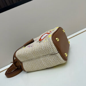 Prada Embroidered Floral Raffia Shoulder Bag In Brown