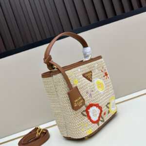 Prada Embroidered Floral Raffia Shoulder Bag In Brown