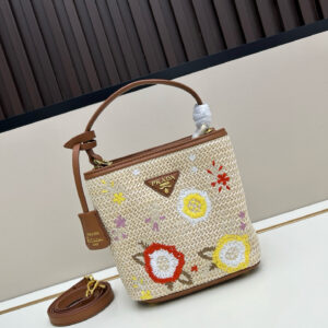 Prada Embroidered Floral Raffia Shoulder Bag In Brown