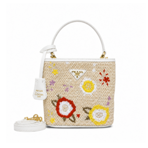 Prada Embroidered Floral Raffia Shoulder Bag In White