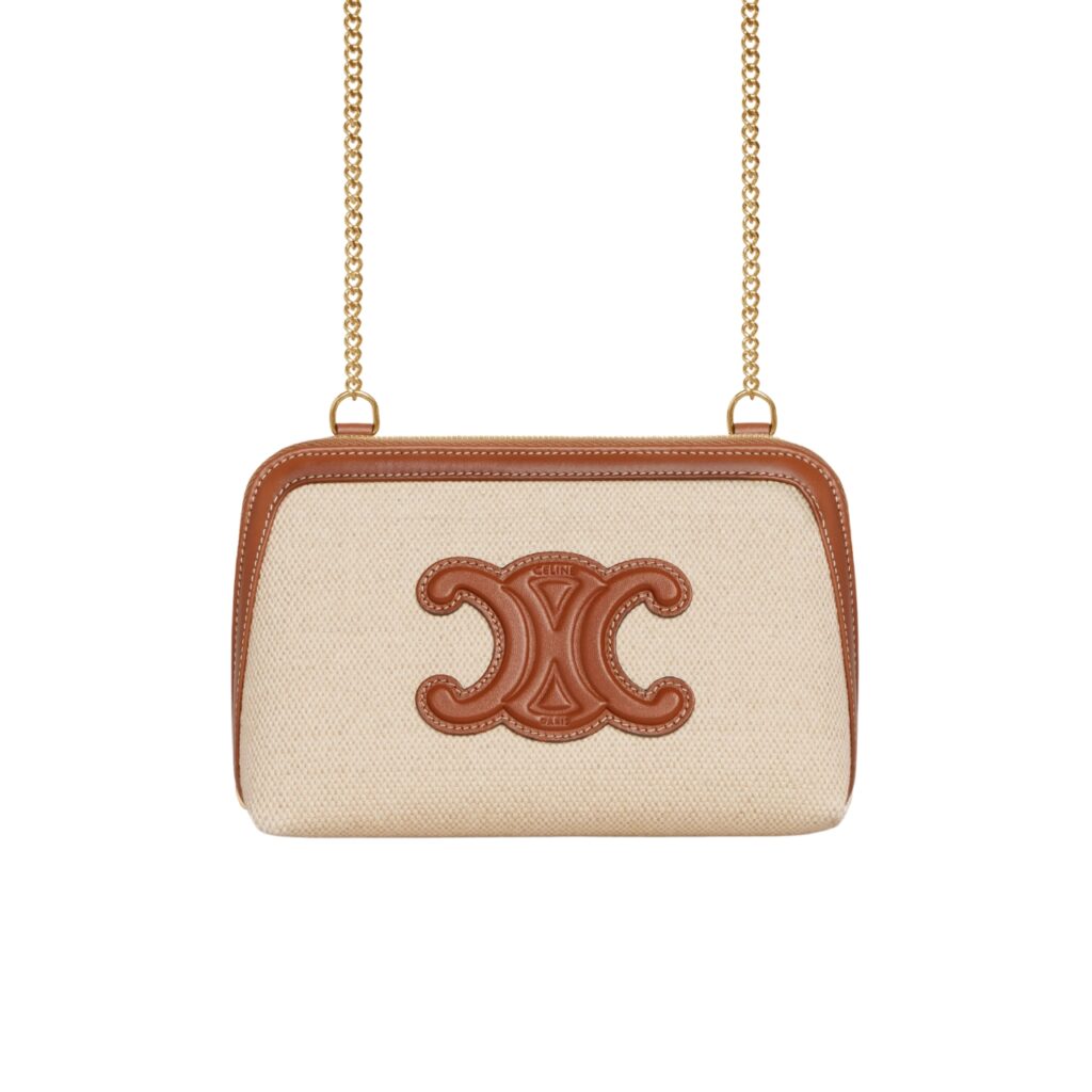 Celine Clutch On Chain Cuir Triomphe In Textile And Calfskin Natural Tan 17Cm