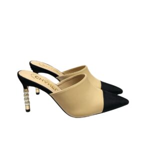 Chanel Beige Lambskin Leather Cap Toe Pearl Heel Mules