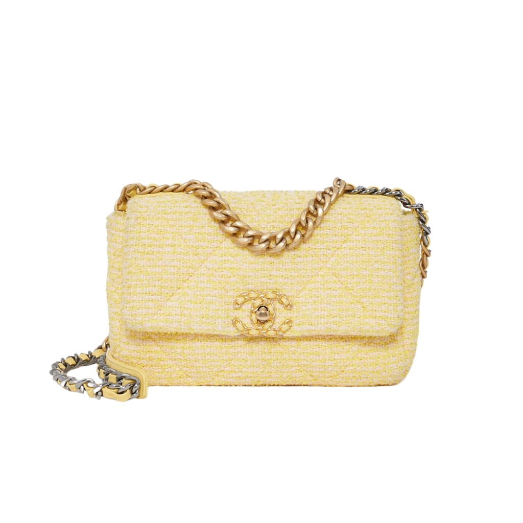 Chanel 19 Flap Bag Quilted Tweed Yellow 26Cm