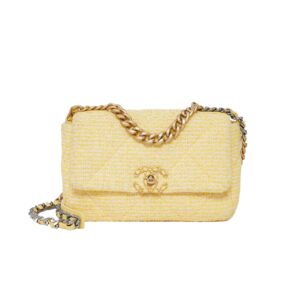 Chanel 19 Flap Bag Quilted Tweed Yellow 26Cm