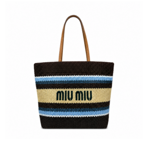 Miu Miu Raffia Effect Crochet Large Woven Tote Cocoa Brown Celeste Natural