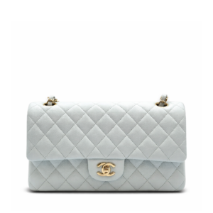 Chanel Medium Classic Double Flap Bag Blue Quilted Caviar Light Gold Hardware