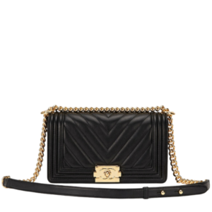 Chanel Medium Boy Bag Black Chevron Caviar Light Gold Hardware