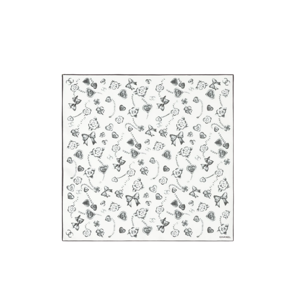 Chanel Square Scarf Twill Silk Black & White