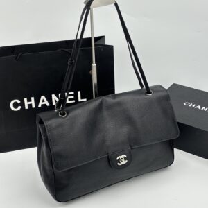 Chanel Maxi “Souplissimo” Large Flap Bag Black Caviar Silver Hardware